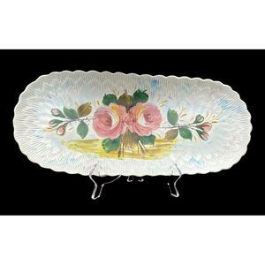 Vintage Italy Rose Painted Tray Ceramic Serving Dish Oblong Textured Cottagecore